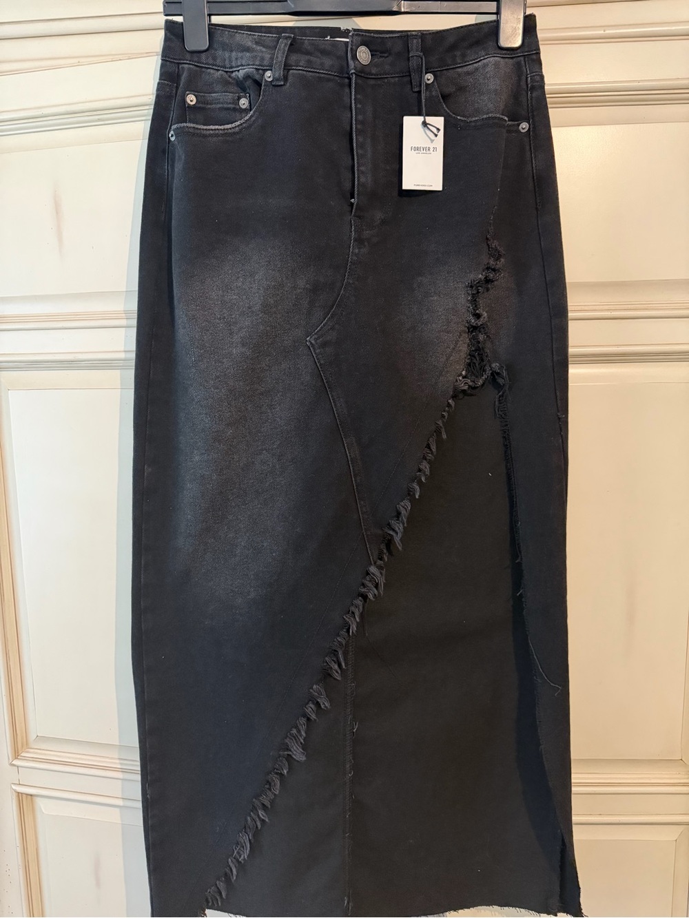 Forever 21 Black Distressed Denim Maxi Skirt